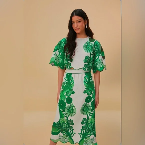 Farm Rio Green Color Festival Midi Skirt - Picture 4 of 11